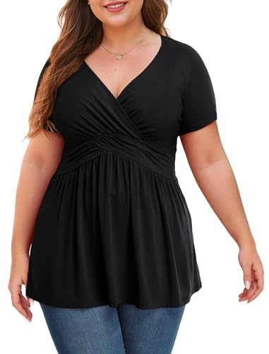 Anelune Plus Size Tops for Women, Short Sleeve Tunic Blouse | V-Neck, Summer Loose Fit Dressy Casual Top, Pleated Low Cut Sexy Wrap Shirt, Flowy Tunic for Leggings