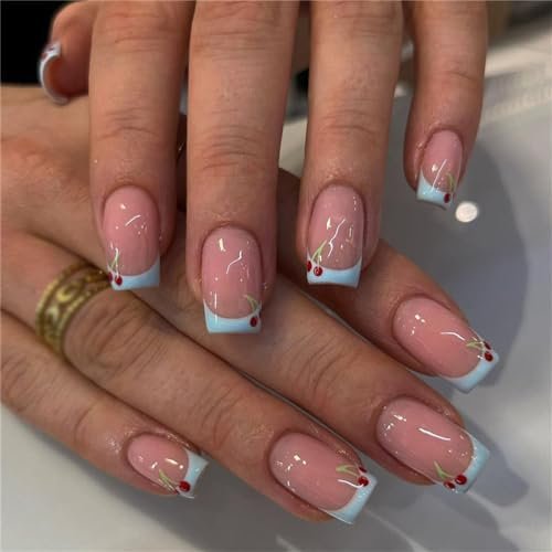 Square Short Press on Fake Nails Sweet Cute Cherry Nail Art Decoration Blue French Manicure for Women and Girls 24pcs