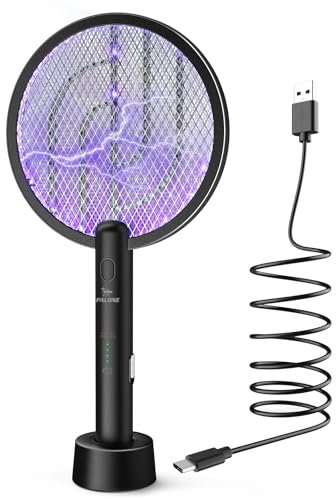 PALONE Matamoscas eléctrico, 4000 V, recargable, matamoscas eléctrico, UV, USB, trampa para insectos con base, color negro