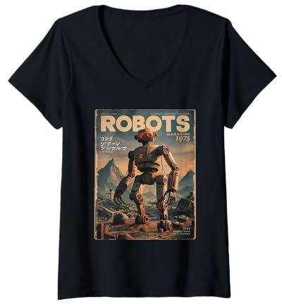 Womens Fantasy Robot Retro Vintage 70s Magazin Graphic Japanese V-Neck T-Shirt