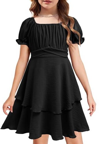 Arshiner Girls Summer Square Collar Chiffon Dress A-Line Tiered With Belt - Puff Sleeves Swing Party for 5-12 Years