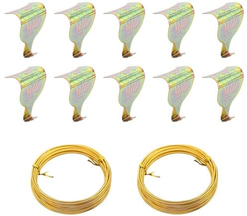 Picture Rail Hooks and Wire, 10pcs Brass Plated Antique Style Moulding Photo Frame Hooks, Brass Wire for Picture Rail Wall Hanging, Picture Hanging Kit Picture Hangers Heavy Duty(10 pcs)
