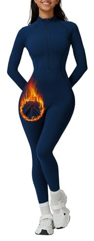 Vertvie Thermo Jumpsuit Damen Winter Langarm Eng Reißverschluss Sport Einteiler Warm Gefütterte Ganzkörperanzug Stretch Yoga Overall Slim Fit Bodysuit(Dunkelblau,XL)