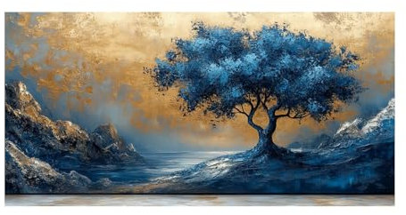 WIKEO Bleu,jaune Arbre de vie Impression sur Toile, Graffiti Arbre Bleu Peinture Affiche- Moderne Abstrait Image Tableau -Decoration Murale Salon -Chambre -bureau-50x100cm Sans cadre
