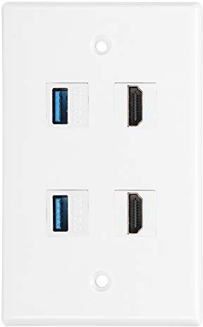 Akozon 2 Femenino a Femenino Keystone + 2 USB Keystone Plate de Pared - Fácil Instalación para Cine en Casa, Juego y Configuración de Oficina - Placa Frontal de Pared Blanca