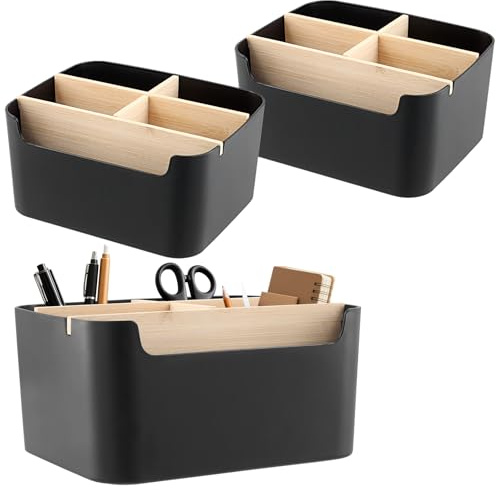 SINJEUN Organisateur de Bureau avec Pot à Crayon - Lot de 3 Organiseurs à 5 Compartiments - Rangement Bureau pour Maison et Bureau - 18,2 x 14,6 x 9,3 cm - Noir