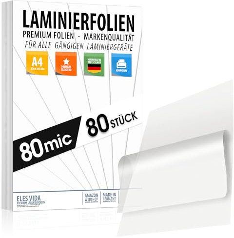 80 PREMIUM Laminierfolien in A4, 216 x 303 mm, 160mic (2x80mic), HOCHLGLANZ Oberfläche, für Fotos, Urkunden, Dokumente, Stundenpläne, Qualität - AUS DEUTSCHLAND
