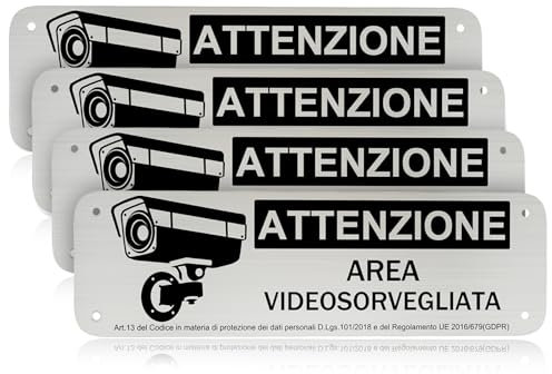 REIGY Cartello Area Videosorvegliata Alluminio da Esterno 15x5 cm, 4pcs Area Sottoposta a Videosorveglianza Adesivo GDPR, Cartelli Privacy Telecamere Sorvegliata per Proprietà Privata