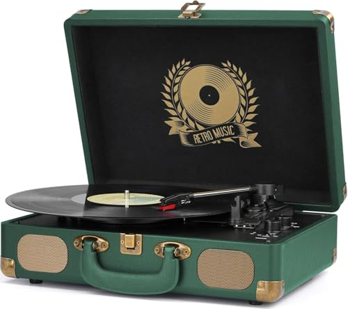 Bluetooth Suitcase Record Player with Built-in Speakers - Dark Hunter Green | Portable Vinyl Record Player, 3-Speed Turntable Plays 7, 10 and 12 records, RCA Line Out AUX in Headphone Jack