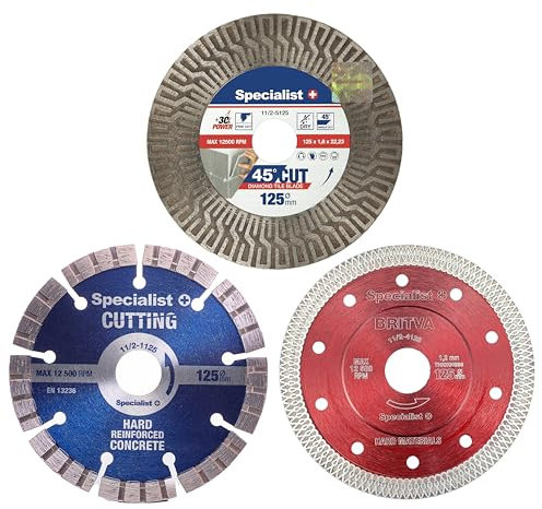 Specialist+ Set di dischi diamantati, 3 pezzi da 125 mm - Disco diamantato per il taglio di piastrelle, marmo, cemento, ceramica, pietra - Lama diamantata universale per tagli rapidi e precisi