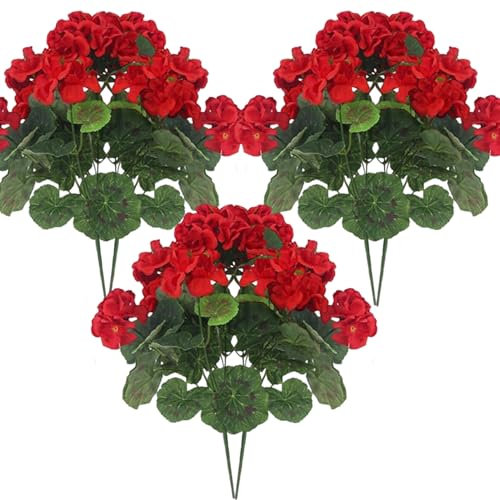 6 pezzi Gerani artificiali - fiori di seta realistici da 14 pollici con rami regolabili, vibranti gerani rossi per arredamento interno, esterno, rosso