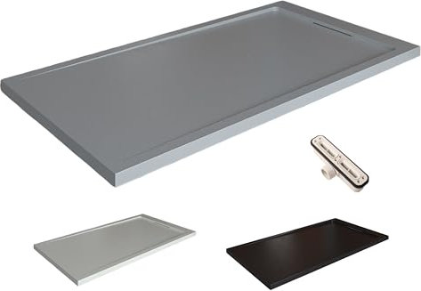 VAROBATH | Plato de ducha de resina STYLE - Resina con relleno mineral y textura pizarra antideslizante C3 - Incluye válvula de desagüe y rejilla oculta (GRIS RAL7040, 70X180)