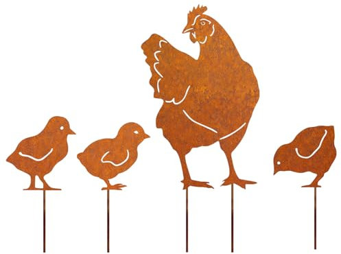 Hühner Gartenstecker, 4er Ostern Rost Deko Hühner für Draußen, Gartendeko für Draußen Wetterfest, Deko Huhn Gartenstecker Metall Bauernhof Frühling Deko