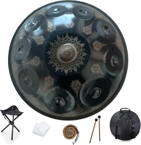 12 Noten 22 Zoll Handpan, D-moll 432 Hz Stahl Trommel Perkussionsinstrument, Mandala Musikalische Performance Handgemachte Heilung Musikinstrument Geschenk, Black mandala-10 Tones, 440hz