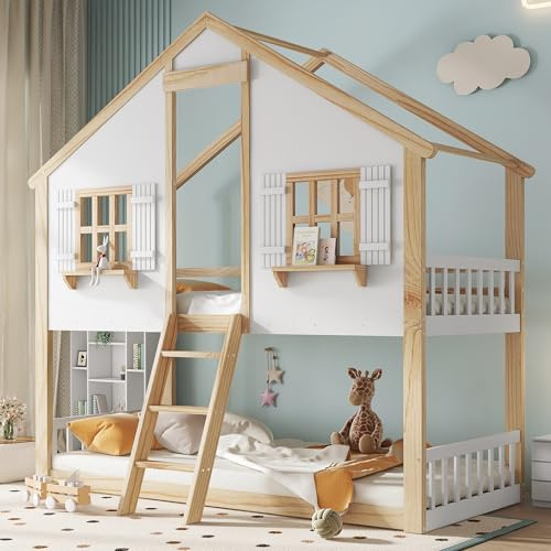 Kinderbett Etagenbett 90x200, Hochbett Hausbett mit Leiter&Fenstern&Dach&Regalen, Stockbett Doppelbett Holzbett Jugendbett Bettgestell mit Lattenrost&Rausfallschutz, Kiefer, Ohne Matratze, Weiß+Natur