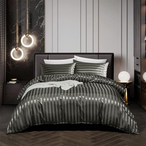 Freyamy Satin Satin Bettwäsche 200x200 cm Grau Dunkelgrau Glänzend Einfarbig Bettwäsche Set Seide Glatt Luxus Deckenbezug Glanzsatin Gestreift Bettbezug mit Reißverschluss 2 Kissenbezug 80x80cm
