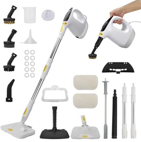 Mopa de vapor multifuncional, Limpiador de Vapor Hogar Mano, Portátil Máquina de Limpieza a Vapor Presurizada de Alta Temperatu con 15 Accesorios para Alfombra, Ventana, Vidrio y Cortina