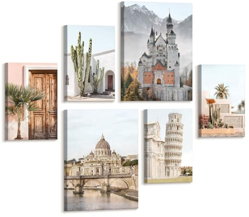 6 Sets Neues Schwan Stein Schloss Wandbilder Mit Rahmen, Schiefer Turm von Pisa Leinwand Bilder deko Petersdom Basilika Bild Auf Leinwand Saguaro Kaktus Kunstdruck Wanddeko für Schlafzimmer Wohnzimmer