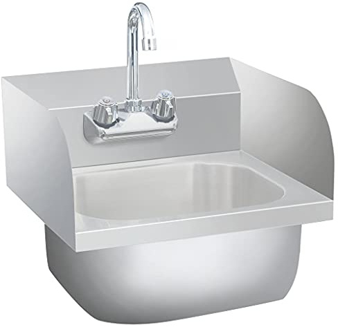 Professionelles Gastro-Handwaschbecken mit Warm-Kaltwasserhahn und Rückwand aus Edelstahl für Küchen und Werkstätten - Robustes Wandwaschbecken mit einfacher Montage