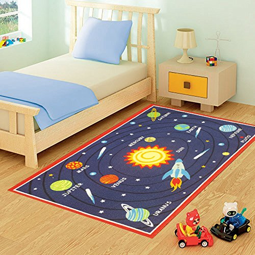 Large Childrens Blue Planets Galaxy Rug Play Mat. Size 100cm x 165cm