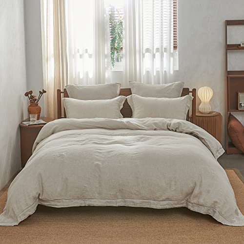 Simple&Opulence Super King Duvet Cover Sets, 100% Washed Linen Bedding with Embroidery Pillowcases, Warm Cozy Quilt Cover with Button Closure, 260cm x 220cm, Natural Linen