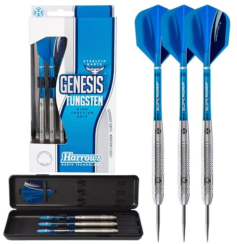 Harrows Genesis Steel-Dartpfeile, Dartpfeile mit Wolframstahlspitze, 21 g, 22 g, 23 g, 24 g, 25 g und 26 g – inklusive High Traction Grip Supergrift, Shart Marathon Flights und Reiseetui (26g)