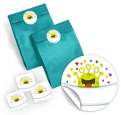 JuNa-Experten 12 Bunte Party-Tüten mit 12 Aufkleber für Geschenke oder Mitgebseln beim Kindergeburtstag lustige Monster/Hochzeit/Geburtstag/Kinderfest/Papier-Tüten für Geschenkverpackung