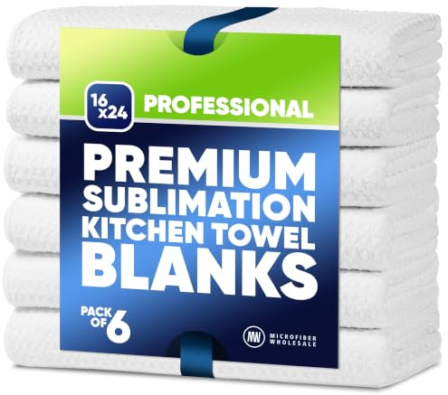 Kitchen Towels - Microfiber Waffle Weave Towels | 16 x 24 in. (6 Pack) | Absorbent, Lint Free, Thick, Reusable, Commercial, Soft, Hand, Tea, Glass, Bar, Sublimation Blank, Polyester Cloths | White