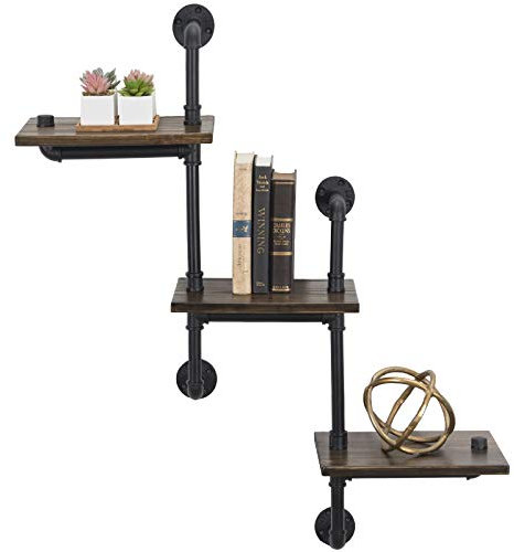 Escalera de pared de 3 niveles de madera flotante rústica, 35 x 40 pulgadas con accesorios de hierro negro para dormitorio, cocina, oficina