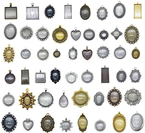 Julie Wang 10 Sets Verschiedene Lünette Tablett Anhänger Rohlinge Antiquierte Einstellungen mit Klarglas Cabochon - Keine Duplikate