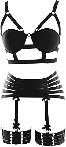 MAMOHSS schwarzes Ganzkörper-Geschirr, BHs, elastisches Oberteil, Dessous-Set, Strumpfhalter, Punk, Gothic, Party, Rave-Wear - - Einstellbar