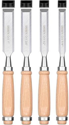 GREBSTK Set di scalpelli professionali per legno, robusti, in acciaio al cromo vanadio, manici in legno di faggio, 4 pezzi, 1/4, 1/2, 3/4, 1
