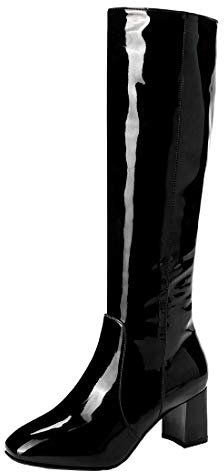 MISSUIT Damen Langschaftstiefel Blockabsatz Lackstiefel High Heels Kniehohe Stiefel mit Reißverschluss High Knee Stiefel(Schwarz,41)
