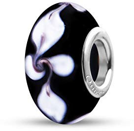 Quiges Drops Femme Perle de Verre de Murano Charm Noir avec Lilies Blanc
