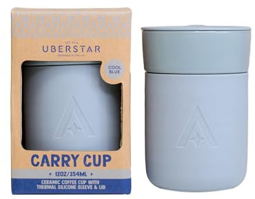 EST 2012 UBERSTAR BARWARE & GIFTS Carry Blue Insulated Ceramic Coffee Cup with Lid - 350ml