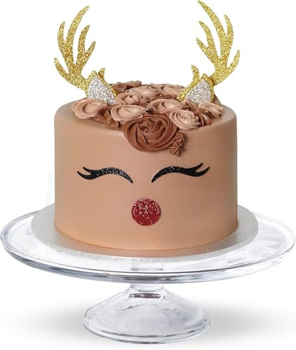 Reindeer Antlers Cake Topper Eyes Nose Horns, Christmas Birthday Cake Decoration Glitter Gold Red Silver
