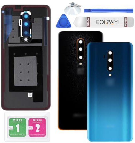 Eonpam Akkudeckel für OnePlus 7T Pro Rückseite Glas Original Backcover Back Glas Ersatz Reparatur Set mit Kameraobjektiv (Blau)