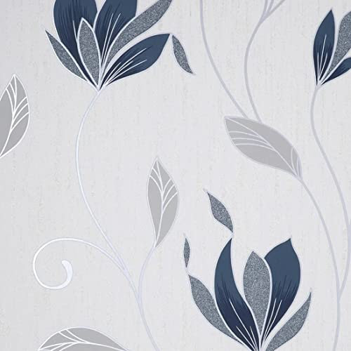 Fine Decor Synergy Floral Navy Blue Silver White Paste The Paper Wallpaper
