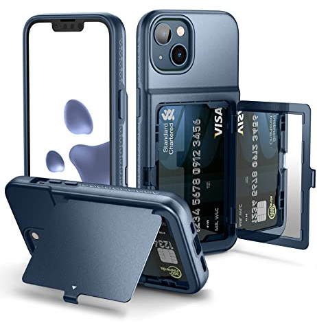 WeLoveCase iPhone 13/14 Wallet Case with Credit Card Holder & Hidden Mirror, Two Layer Shockproof Protection - Blue