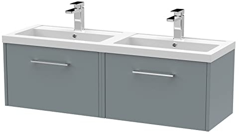 Hudson Reed JNU2322C Juno Modern Bathroom Wall Hung 2-Drawer Vanity with Polymarble Double Basin, 1200mm, Matt Coastal Grey