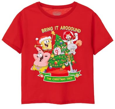 SPONGEBOB SQUAREPANTS Kids Christmas T-Shirt | Boys & Girls Christmas Tree Short Sleeve Seasonal Graphic Tee | Patrick Squidward Sandy Gary Red Festive Top | Xmas Merchandise Gift