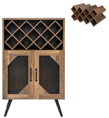COSTWAY Buffet Cuisine avec Porte-Bouteilles Amovible pour 11 Bouteilles, Porte-Verres, Placard 2 Portes, Meuble Range Bibliothèque Anti-Bascule pour Cuisine, Salle à Manger, Salon, Brun Rustique