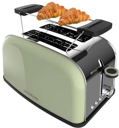 Cecotec Grille-pain vertical Toastin' time 850 Green, 850 W de puissance, Double fente courte et large de 3,8 cm, Varillas Supérieures, Acier Inoxydable, Arrêt et Popup Automatiques, Bac à miettes