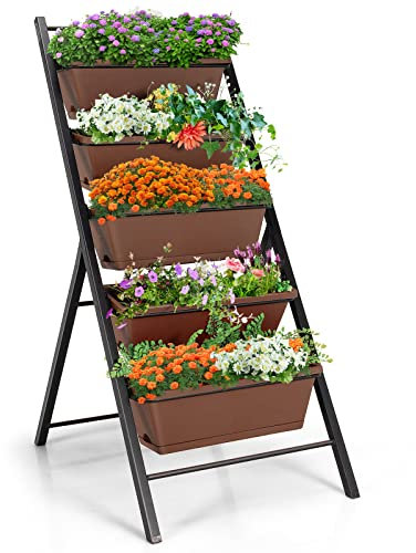 COSTWAY 5-Tier Vertical Garden Planter, Raised Garden Bed with 5 Removable Trays, Drainage Holes and Foot Pads, Indoor Outdoor Elevated Flower Herb Growing Box for Patio Yard Balcony (Brown)