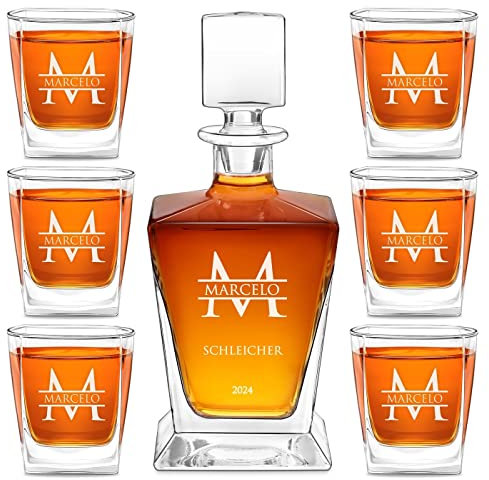 Maverton Whisky Karaffe 800 ml + 6er Whisky Gläser Set mit Gravur - Glas Karaffe mit Gläsern - personalisiertes Whiskey Decanter Set für Männer - für Whiskygenießer - Initiale