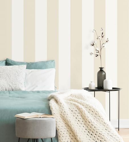 GAULAN 680242 - Vinyltapete, Strapazierfähig, Abwaschbar. Tapete mit beige Streifen auf weißem Grund für Wohnzimmer Küche Bad Schlafzimmer Flur Möbel - Rolle 10 m x 0,53 m