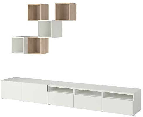 IKEA EKET/BESTÅ Schrank-Kombination für TV, 300 x 42 x 210 cm, Weiß/Weiß gebeizte Eichenoptik