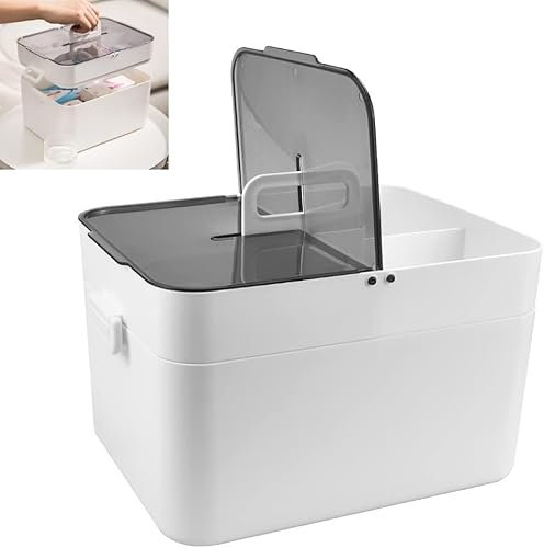 REFORUNG Caja de Almacenamiento Multiusos de 2 Niveles - Organizador Artesanal y Medicamentos - Plástico Con Tapa y Asa - Blanco, 28.5 x 21 x 21 cm