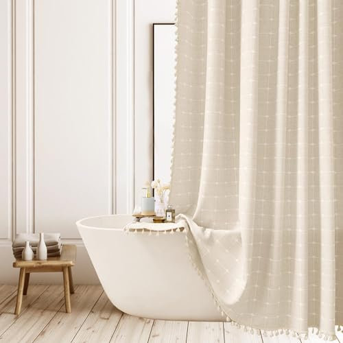 Boho Duschvorhang Bauernhaus Moderne Leinenstoff Duschvorhänge für Badezimmer schmales ländliches neutrales Badezimmervorhang Set mit Quaste Beige Bohemian Tuch Duschvorhang mit Haken 150x180cm