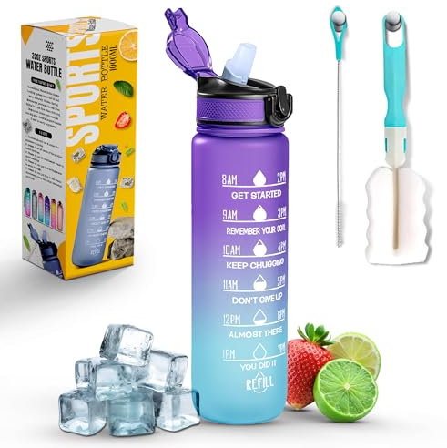 K-MART Sports Water Bottle with Straw and Time Marking, and 32OZ Capacity - Motivational and Eco-Friendly BPA-Free Bottle for Running, Gym, Yoga, Outdoors, and Camping (Style-1, Blue-Purple)
